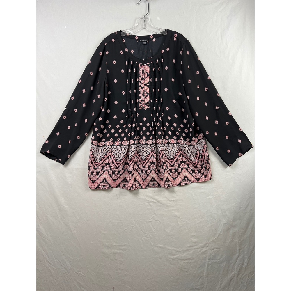 Zac & Rachel Blouse Womens 1X Black Pink Geometric Pleated Roll Tab Sleeve Top